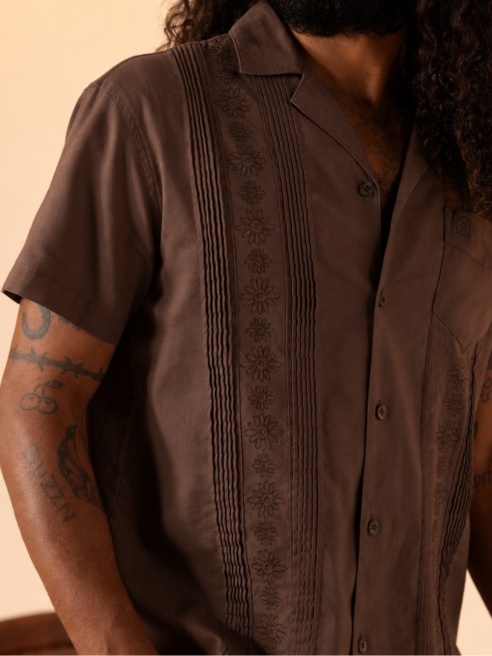 Dandy Del Mar Brisa Linen Chocolate Brown Floral Embroidered Camp Shirt Large